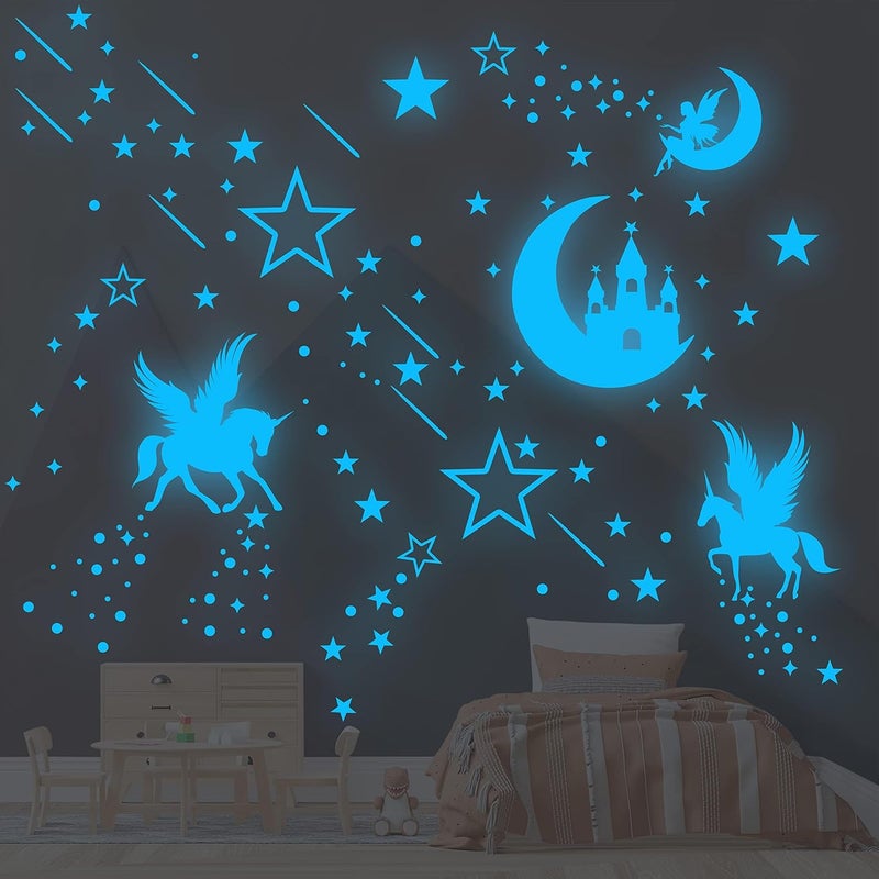 Robmoda Glow in The Dark Unicorn Wall Decal Sticker, Cute Fairy Girl Bedroom Star Decoration, Glowing Moon Castle Ceiling Decor for Nursery Room - Image 2